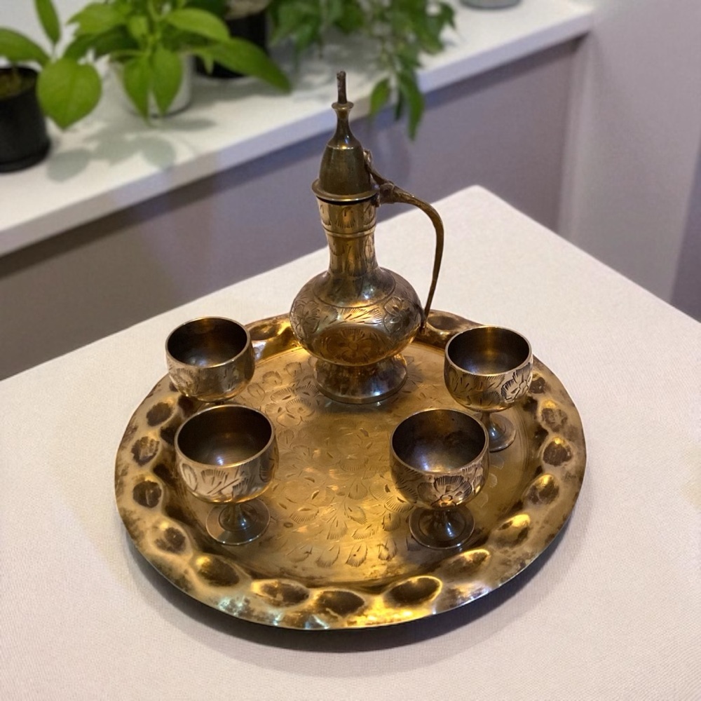 Vintage Brass Tea Set, Four Goblets, Numbered Abdullah Tray Etched Floral